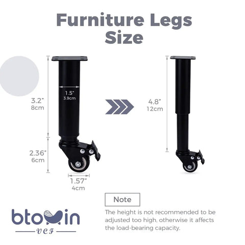 4 Pack Adjustable Furniture Legs With Swivel Casters 360 Degree Rotation Braking Heavy Duty Replacement For Cabinet Shelf Sofa Bed Dresser Couch Coffee Table 2.36 Inch Height, showing dimensions and design features.