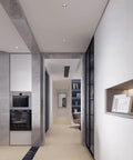 Eight Pack Top Notch Anti Fog Downlights Adjustable Angle Recessed Ceiling Spotlights in modern hallway ceiling.