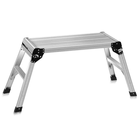 Real Solid Heavy Duty Aluminum Work Platform Step Ladder With 330 Lbs Capacity Drywall Safe CE Approved Portable Folding Bench Stool With Non Slip Mat Anti Slip Surface Compact Silver, side view
