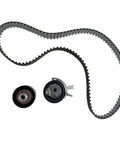 Timing Belt Pulley Set Kit That Totally Works With Freelander 2 Evoque And Discovery Sport For Serious Car Repairs And Keeps Your Ride Running Smooth Without Issues Using The Right Parts. timing belt kit with two pulleys and toothed belt on white background