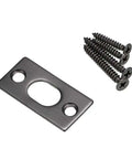 Close-up of black strike plate and screws for 2 Pack 6 Inch Heavy Duty Stainless Steel Concealed Flush Door Bolts for French and Double Dummy Doors.
