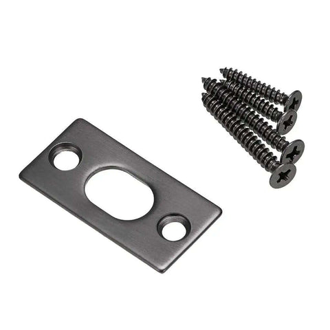 Close-up of black strike plate and screws for 2 Pack 6 Inch Heavy Duty Stainless Steel Concealed Flush Door Bolts for French and Double Dummy Doors.