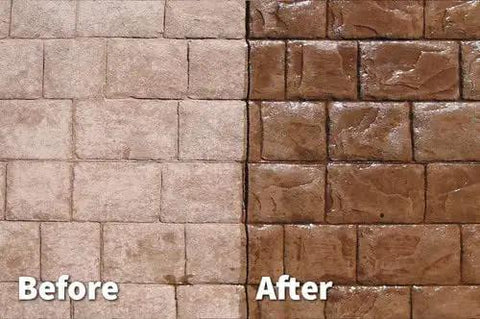 Pro Shop Grade Wet Look Concrete Sealer Five Gallon Solvent Based Styrene Acrylic Formula For Stamped Patios Brick Walkways And Decorative Floors Breathable Topcoat Delivers Smooth As Glass Shine before and after comparison of stamped patio surfaces.