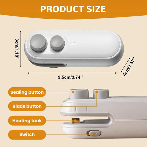 Dimensions and features of 2 In 1 Rechargeable Bag Sealer With Cutter And Magnet, Portable Snack Bag Resealer, White