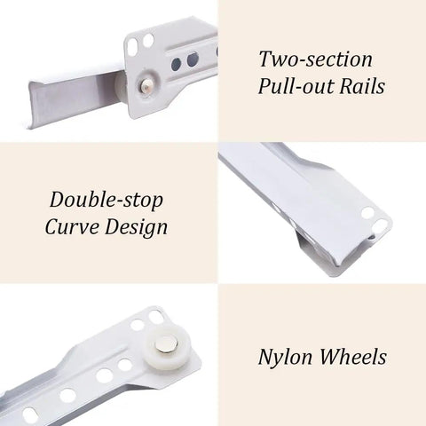 Top Shelf Ten Inch Drawer Slides Set Of Two Bottom Mount Rails With Slick Rolling Nylon Wheels No Fuss Installation Heavy Duty White Coated Steel Cabinet Hardware For Dresser Furniture And Home Fixes with two-section pull-out rails and nylon wheels.