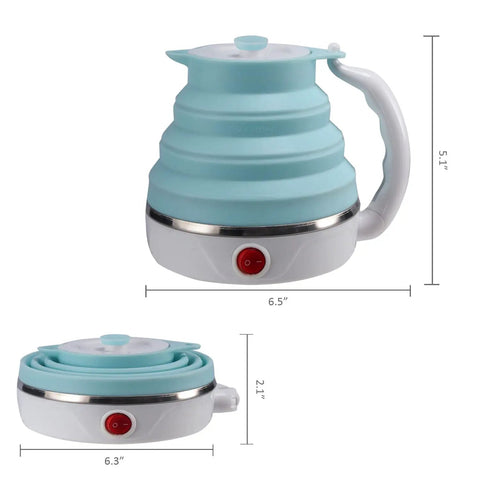 Foldable Travel Electric Kettle With Collapsible Food Grade Silicone 600ml Capacity Dual Voltage 110-220V US Plug Ultra Portable Blue Kettle For On The Go Coffee Tea Ramen And More shown in expanded and collapsed states.