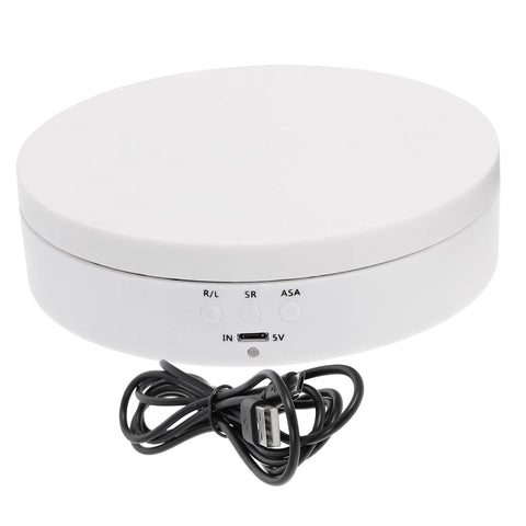 Romisbaba Electric Rotating Jewelry Display Stand For Bracelets Watches With Motorized Turntable And Cool LED Lighting, White plastic design.