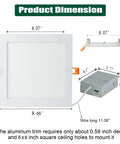 Product dimensions of 4 Pack 8 Inch Square LED Recessed Lights With Junction Box Dimmable 3CCT 3000K 4000K 6000K Selectable