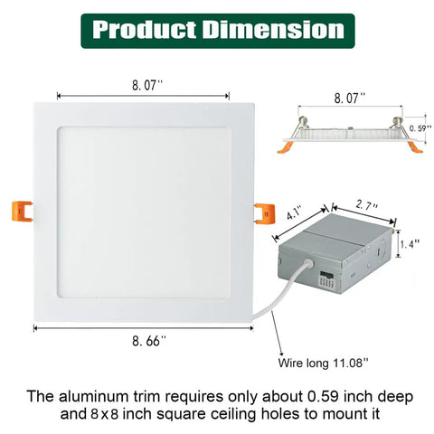 Product dimensions of 4 Pack 8 Inch Square LED Recessed Lights With Junction Box Dimmable 3CCT 3000K 4000K 6000K Selectable