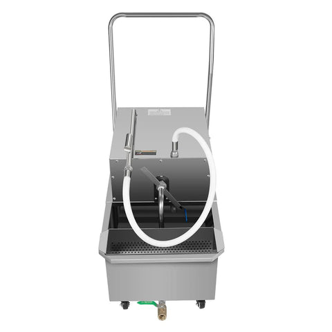 Heavy Duty Commercial Fryer Filter Machine, 550W Oil Purifier Cart With Stainless Steel Tank showing front view with hoses.
