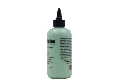 Side view of Anchorlube all-purpose metalworking compound bottle, 8 oz, pale green liquid, dropper nozzle cap