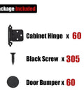 Package contents of Half Inch Overlay Cabinet Door Hinges Black 60 Pack 30 Pairs Flush Face Mount Self Closing Kitchen Hinges With Door Bumper And Stainless Steel Screws CH200 BK P60