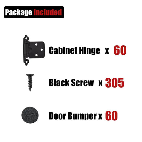 Package contents of Half Inch Overlay Cabinet Door Hinges Black 60 Pack 30 Pairs Flush Face Mount Self Closing Kitchen Hinges With Door Bumper And Stainless Steel Screws CH200 BK P60