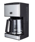 Black and silver coffee maker with glass carafe and side water level indicator