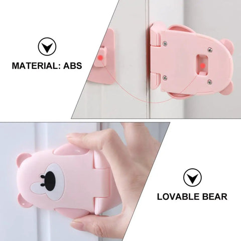 Bear Shaped Safety Locks For Drawers And Cabinets, non marking adhesive, pink ABS lock installation on cabinet.