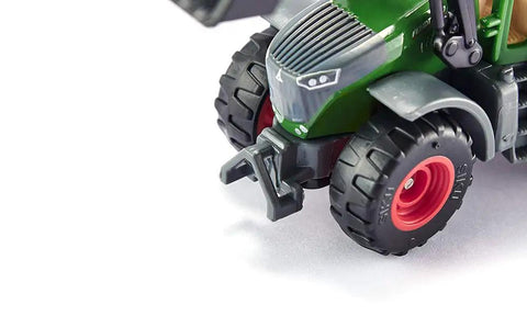 Close-up front view of Fendt 1050 Vario Tractor With Front Loader Toy, showing sturdy rubber tires and detailed design