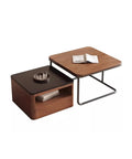 Modern Square Nesting Coffee Table Set Of Two Industrial Stacking Side Tables With Storage Drawers Solid Wood Accent Furniture For Living Room featuring dark and light wood.
