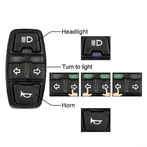 Upgrade Your Ride With This Cool DK336 E-Bike Handlebar Switch That Masters Turn Signals And Front Light Control For Scooters And Trikes. It Rocks Wide Voltage Compatibility At 36V Or 48V To Keep You Rolling Smooth And Safe Without Wiring Chaos. black plastic e-bike handlebar switch with headlight, turn signal, and horn buttons