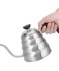 Hand holding Gooseneck Coffee Kettle 304 Stainless Steel, 1200ml Capacity, Pro-Grade Pour Spout For Home Baristas And Coffee Shops