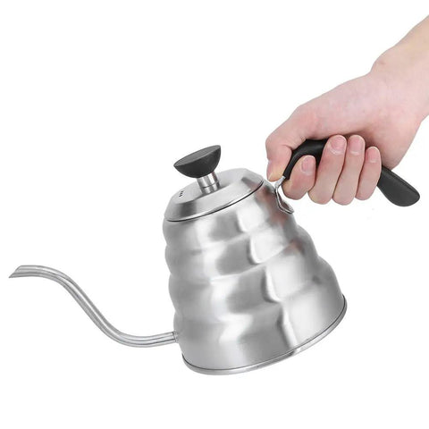 Hand holding Gooseneck Coffee Kettle 304 Stainless Steel, 1200ml Capacity, Pro-Grade Pour Spout For Home Baristas And Coffee Shops
