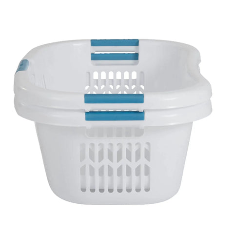 XL Hip Hugger Laundry Basket 2.1 Bushel White With Royal Blue Handles for Easy One Hand Carry Laundry Storage in Bathroom Bedroom