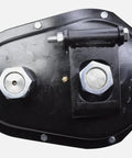 2 Speed Gear Box for Timpte Hopper Door, black metal housing with two large silver hex nuts and central shaft