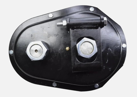 2 Speed Gear Box for Timpte Hopper Door, black metal housing with two large silver hex nuts and central shaft