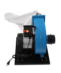 Wall Mount Dust Collector With One Horsepower Motor And 14.8 Gallon Filter Bag Clears Thirty Micron Shop Dust shown side view, white bag, blue casing.