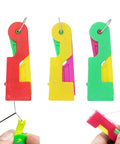 Automatic Needle Threader For Sewing Machines And Hand Sewing Lightweight Plastic Threading Tool shown in red, yellow, and green.
