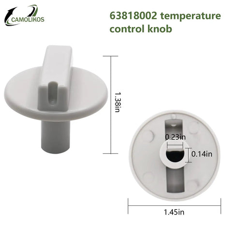 Temp Control Knob Replacement for Heaters, Durable 63818002 Style, dimensions shown, front and bottom view, gray color