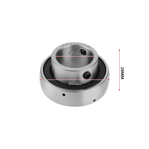 Two Pack SB20516 Insert Ball Bearings With Set Screws 25x50x28mm showing dimensions for industrial use