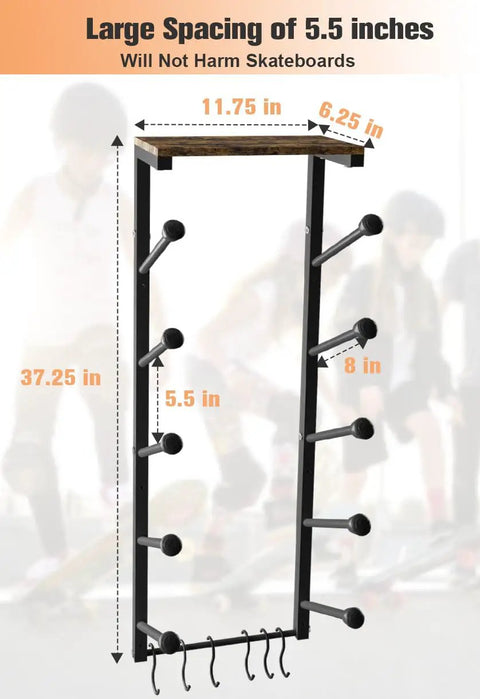 Premium Quality Rad And Heavy Duty Skateboard Wall Mount Rack Featuring Five Tier Deck Storage Shelves And Hella Bottom Hooks For Helmets Pads Backpack Shoes Bags dimensions measuring 37.25 inches tall.