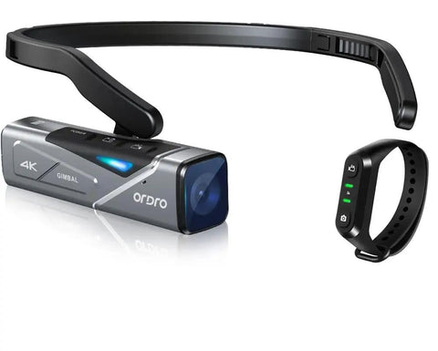 4K 60FPS Head Mounted Action Camera With 2 Axis Gimbal Stabilizer, WiFi App Control, remote, shown in gray with black headband.