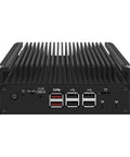 Zero Fuss Silent Fanless Firewall Mini PC with N150 Quad Core showing ports and heatsink design for quiet operation.