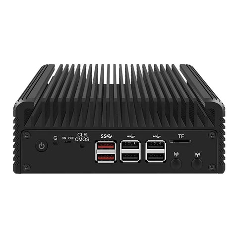 Zero Fuss Silent Fanless Firewall Mini PC with N150 Quad Core showing ports and heatsink design for quiet operation.