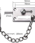 Tough As Nails Heavy Duty Stainless Steel Door Security Chain Featuring No Nonsense Safety Latch And All Season Weather Shield, dimensions visible.