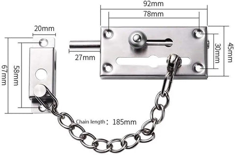 Tough As Nails Heavy Duty Stainless Steel Door Security Chain Featuring No Nonsense Safety Latch And All Season Weather Shield, dimensions visible.