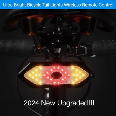 USB Rechargeable Wireless Bike Tail Light With Remote Control, 5 Modes Turn Signals, Ultra Bright LED, IPX4 Waterproof Bicycle Rear Light For Night Riding, Easy Mount And High Visibility For Safer Night Rides mounted on bike rear