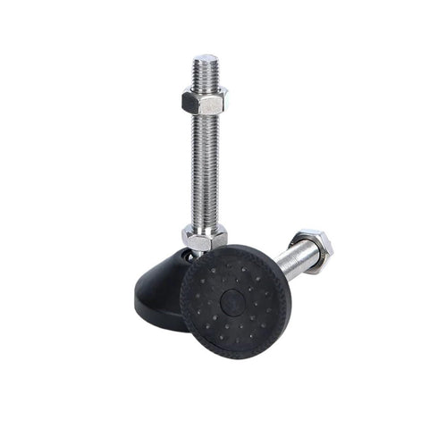4 Pack Swivel Leveling Feet Heavy Duty Metal And Nylon Glide Pads Solid As A Rock Fix Kicks That Wobble Fast Perfect For Furniture Or Equipment On Bumpy Floors D60 M10 X50 close-up of swivel leveling feet with rubber glide pads and metal studs.