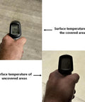 Hand holding thermometer showing temperature difference of 90 Percent UV Blocking Sun Shade Cloth 12x24 Feet Breathable UV Resistant Shade Cover