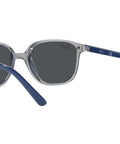 Junior Kids Square Sunglasses With Transparent Blue Frame And Green Mirrored Lenses, XX-Small Narrow Face Fit, side view