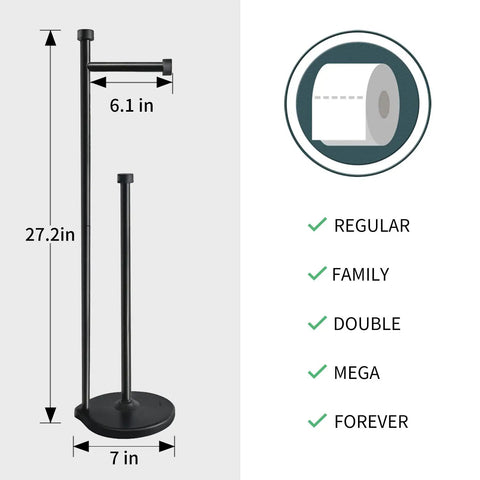 Matte Black Freestanding Toilet Paper Holder With Reserve Storage For Five Mega Rolls, 27.2in tall with 7in base