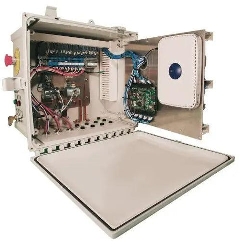 Interior view of Built Like A Tank Polycarbonate Enclosure 16 X 14 X 8 Inches with Hinged Locking Opaque Cover showing electrical controls.
