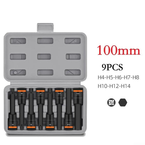 Top Notch Heavy Duty Hex Socket Adapter Kit Made From Tough Chrome Vanadium Steel For 1/2 Inch Drivers With H4 To H17 Bits In Short 55mm Lengths, Perfect For Factory Work And Auto Repairs That Need Real Grit And Precision. 100mm 9-piece case H4-H14