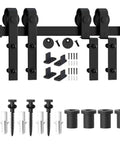 Heavy Duty Barn Door Sliding Hardware Kit For Double Doors, 14 Ft Rail System With J Shaped Rollers, Black Finish, Mounting Parts