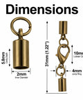 Antique Bronze 2mm Cord End Caps with Lobster Claw Clasps Durable Glue In Jewelry Findings dimensions diagram