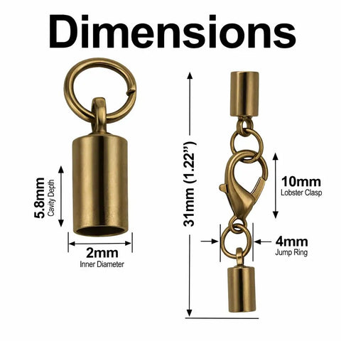 Antique Bronze 2mm Cord End Caps with Lobster Claw Clasps Durable Glue In Jewelry Findings dimensions diagram