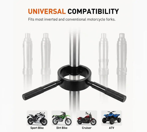 Heavy Duty Motorcycle Fork Spring Compressor Tool Kit for universal fit on inverted and conventional forks illustration