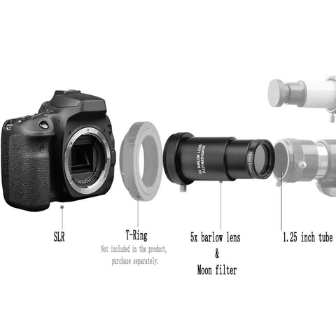 SLR camera with T-Ring, 5x Barlow lens & Moon filter for Comprehensive One Point Twenty Five Inch Telescope Eyepiece Set