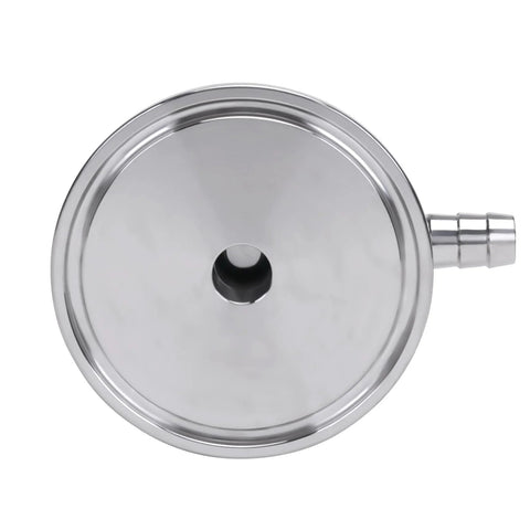 Front view of stainless steel sanitary sample valve lid with center hole and side barbed outlet, polished surface